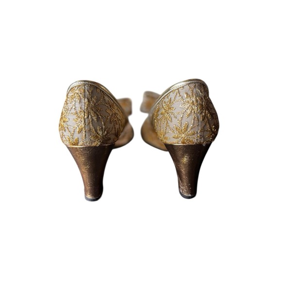 Vintage 60s Metallic Gold Lurex Lamé Brocade Bow Heels Low Cocktail Pumps Sz 7.5 - Picture 6 of 13